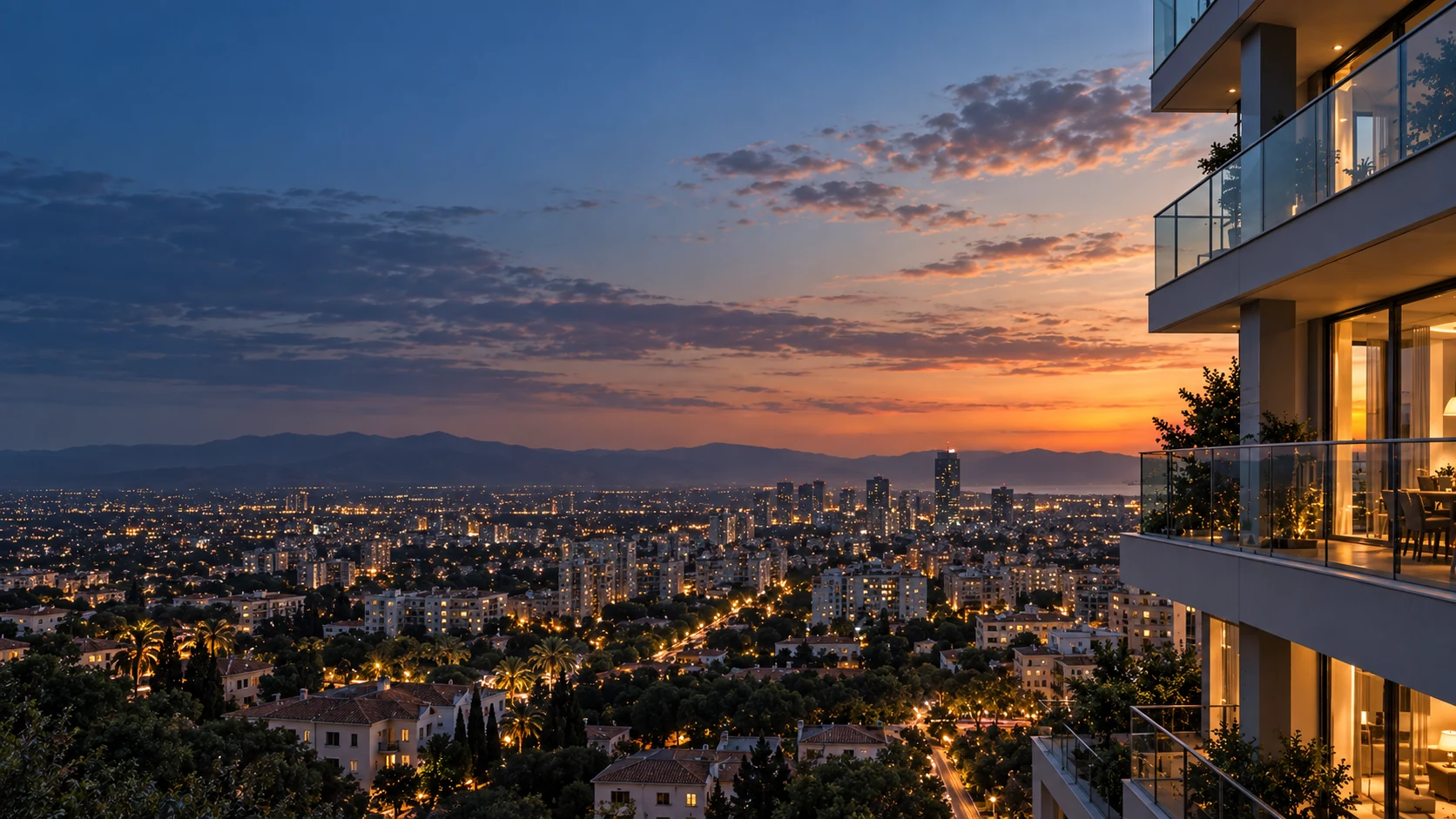 Ciudad al atardecer y edificio residencial contemporáneo
