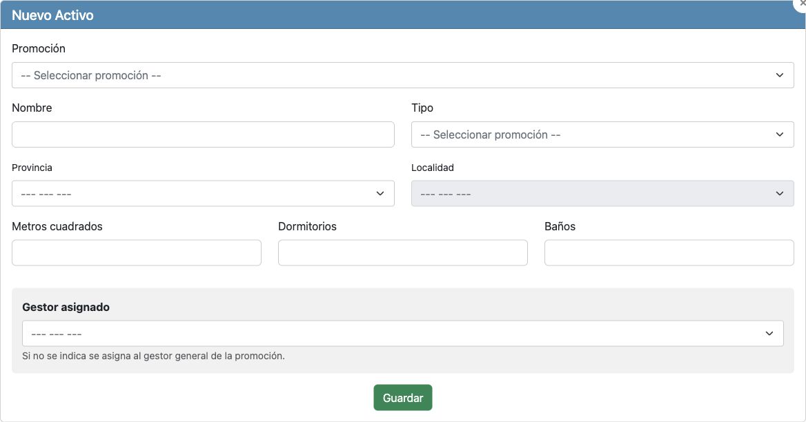 Formulario real de alta de un activo, sin datos personales