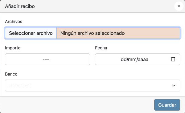 Añadir recibo de pago. Formulario vacío; limitada al cuadro de alta.