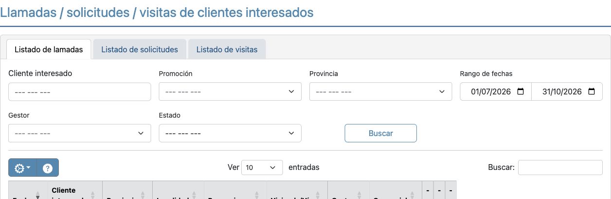 Llamadas, solicitudes y visitas. Filtros y cabecera de tabla; filas excluidas.