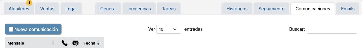 Historial de comunicaciones. Pestañas y cabecera de tabla. Identidad y mensajes personales fuera de imagen.