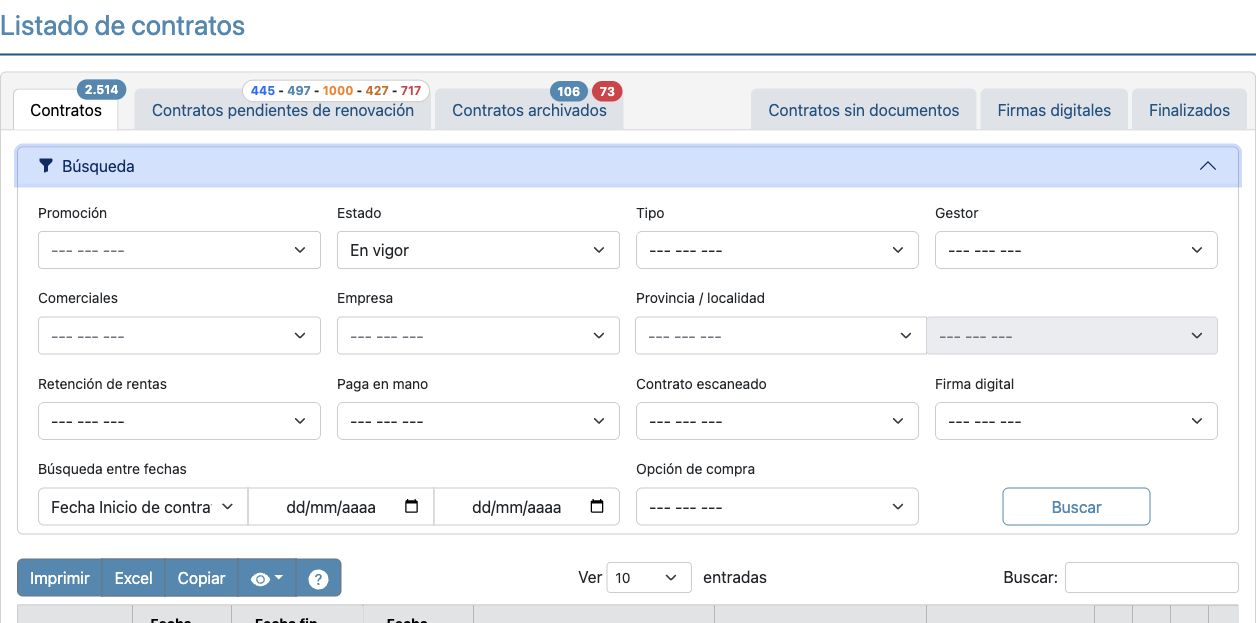 Contratos y renovaciones. Filtros y estados; datos de contratos fuera de imagen. Contadores de la sesión local.