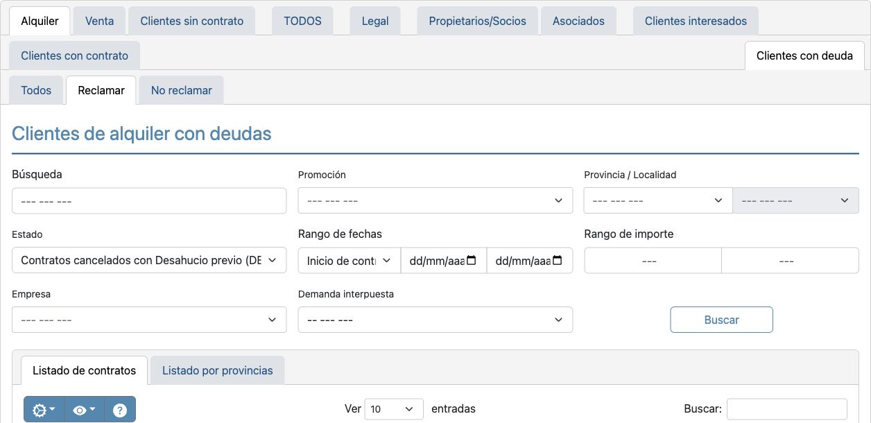 Clientes de alquiler con deuda. Filtros de reclamación sin deudores ni importes.