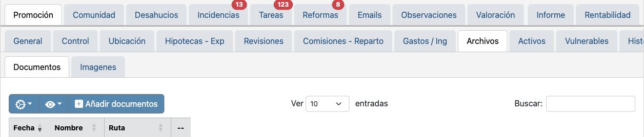 Documentos de una promoción. Se excluyen el nombre de la promoción y todas las filas de archivos.