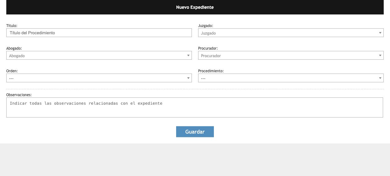 Nuevo expediente jurídico. Formulario vacío del módulo jurídico. Sin nombres de profesionales ni expedientes.