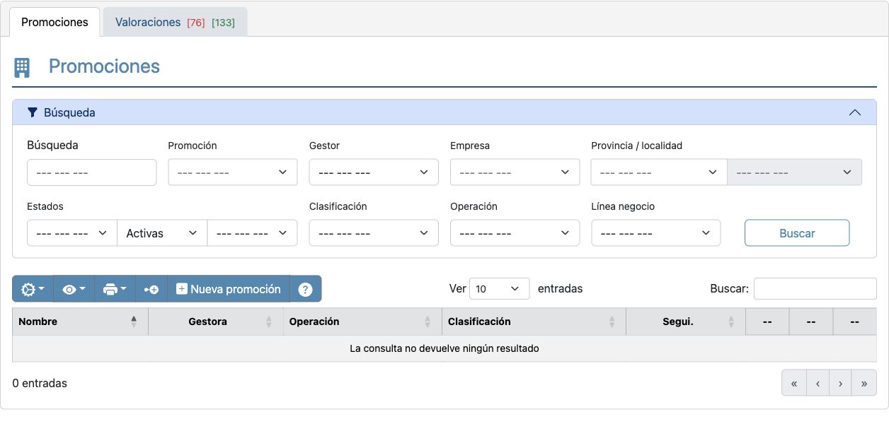 Listado de promociones. Vista operativa con filtros y listado vacío.