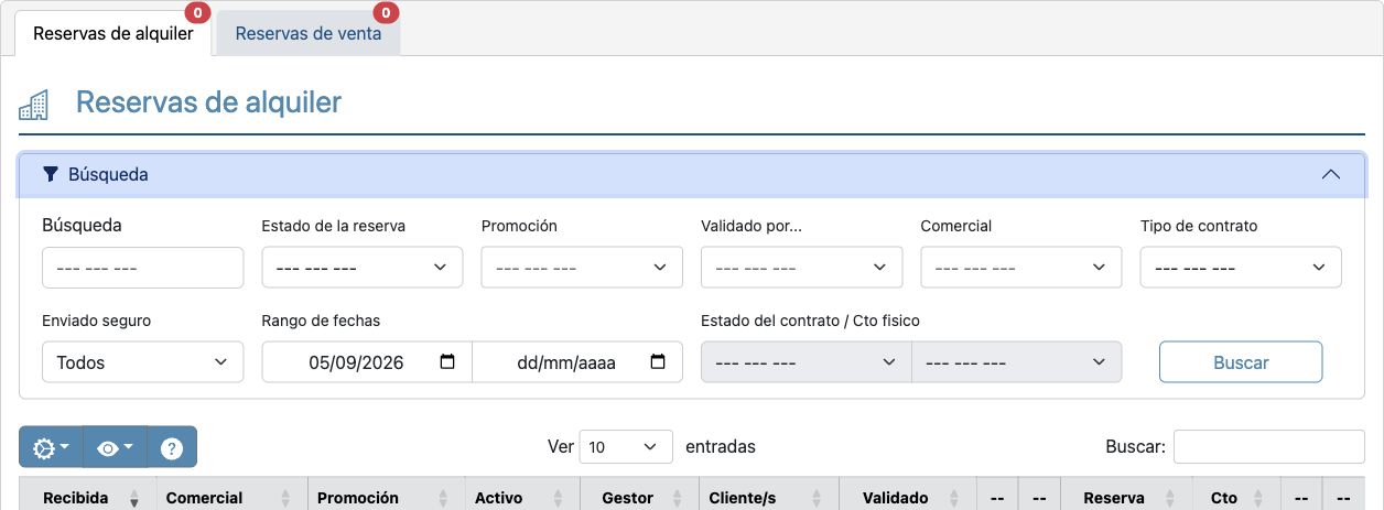 Reservas de alquiler. Filtros de revisión y cabecera de tabla; filas excluidas.
