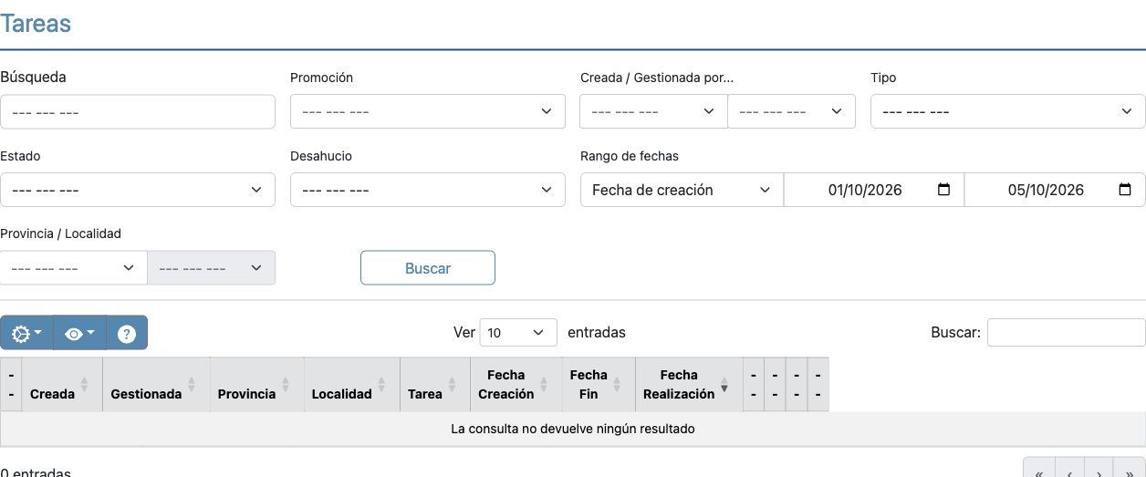 Gestión de tareas. Filtros por responsable, tipo, estado y fechas. Listado vacío, sin datos personales.